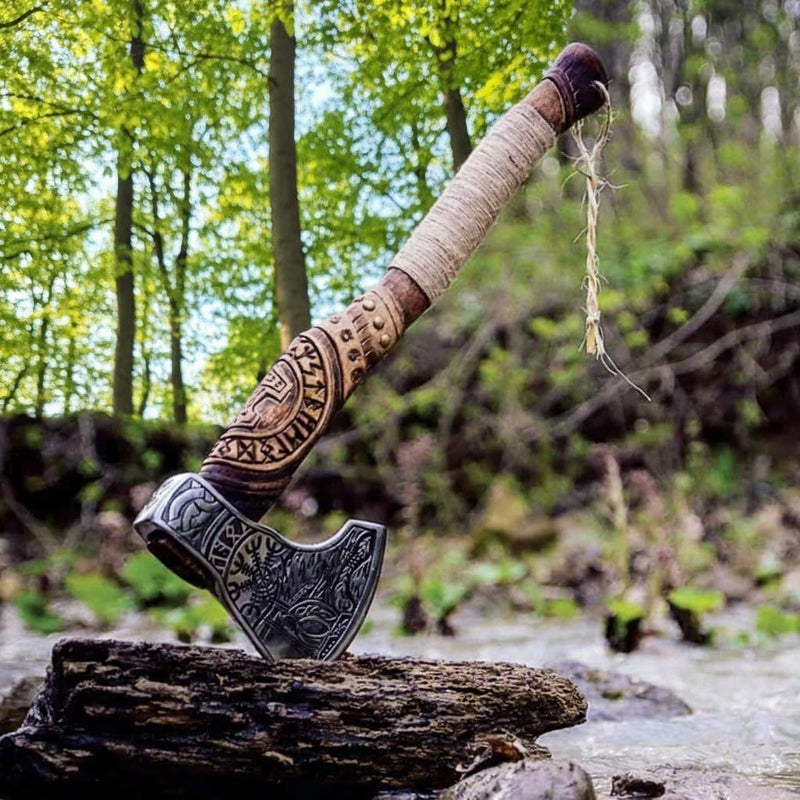 FH TRADERS Hand Forged Viking Axe – Carbon Steel Blade with Ash Wood Handle and Leather Sheath, Camping, Hunting, Outdoor Hatchet Valhalla Ax, Medieval Axe, Authentic Norse Axe, Historical Gift for Men - Image 1